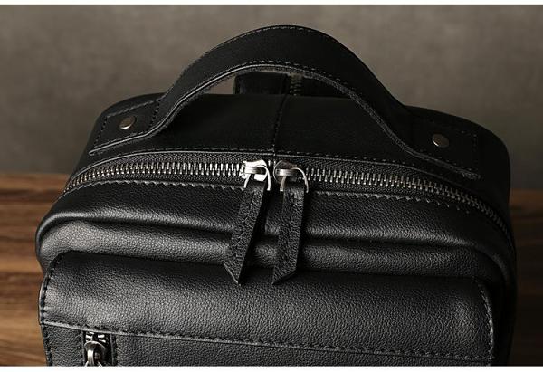 Black Leather Men's Convertible Sling Bag Small Backpack Black Travel Sling Bag For Men