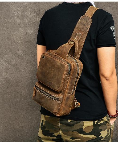 Cool Leather Mens 10 Brown Sling Bag Chest Bag Dark Coffee One Shoulder Backpack for Men