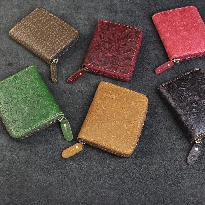 Handmade Leather Floral Mens Zipper Cool billfold Wallet Card Holder Small Card Slim Wallets for Men