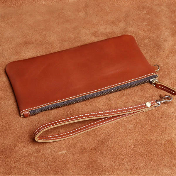 Genuine Leather Mens Cool Long Leather Wallet Slim Zipper Clutch Wristlet Wallet for Men