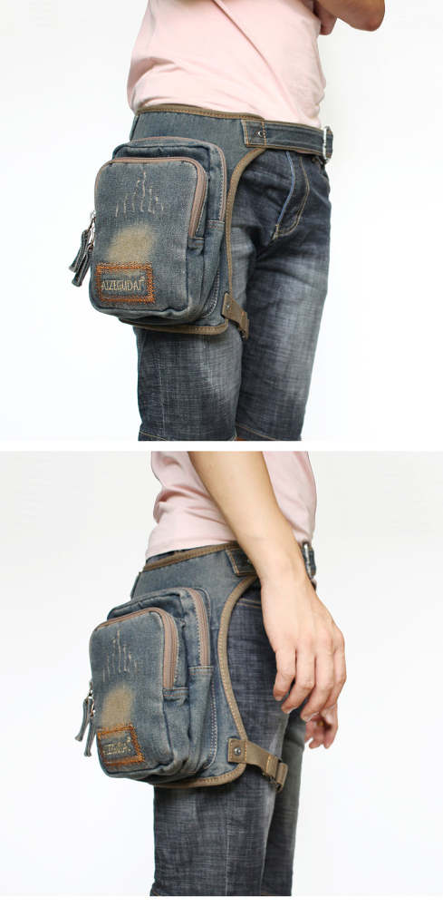 Mens Denim Thigh Bag Fanny Pack for Men Drop Leg Bag Blue Jean Waist Bag