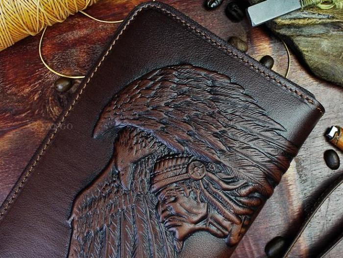Handmade Leather Mens Tooled Indian Cool Zipper Phone Travel Long Wallet Card Holder Card Slim Clutch Wallets for Men