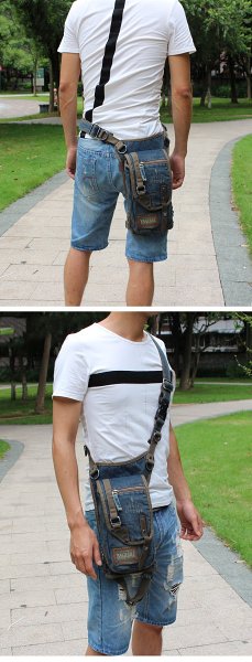 Blue Jean Canvas Mens Biker Waist Bag DropLeg Bag Belt Pouch Small Messenger Bag For Men