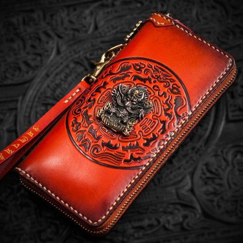 Handmade Leather Tibetan Mens Chain Biker Wallet Cool Leather Wallet Long Clutch Wallets for Men