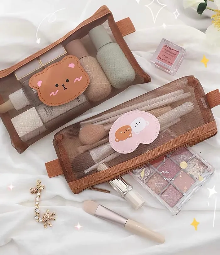 Cute Kawaii Teddy Bear Transparent Mesh Pencil Case