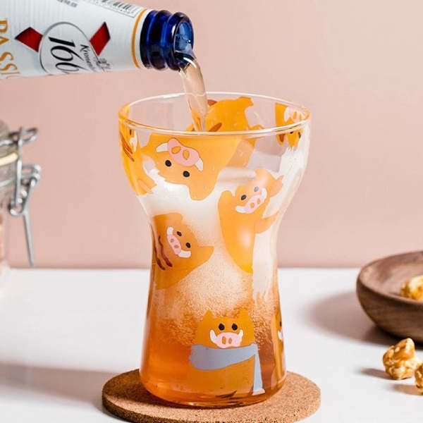 Cute Cat & Piggy Print Transparent Glass Cup