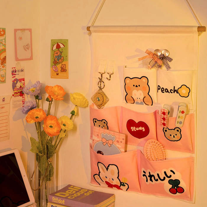 Cute Kawaii Bear & Bunny Friends Wall Hanging Pocket Storage Bag