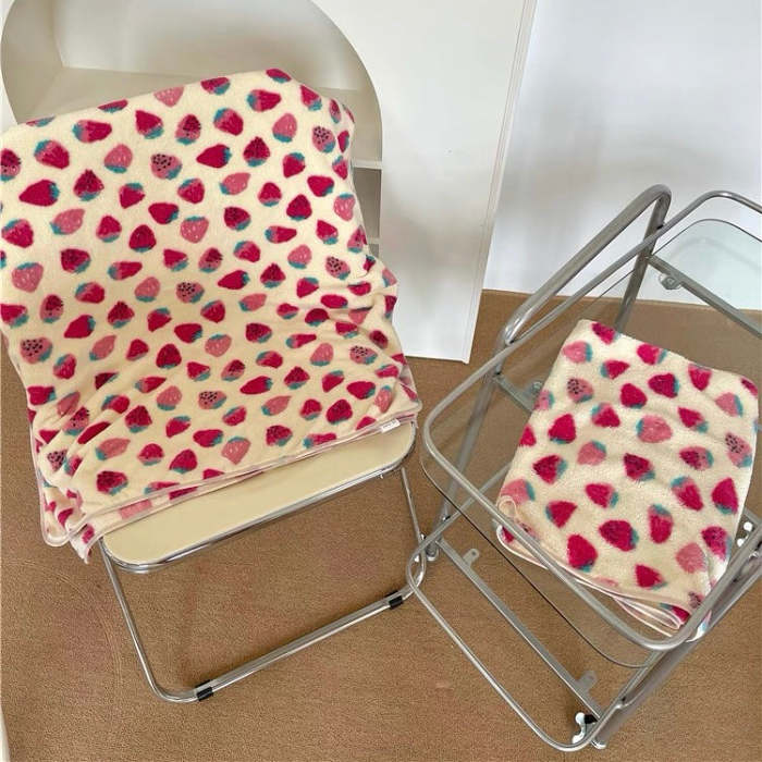 Cute Strawberry Pattern Soft Cozy Coral Fleece Towel & Blanket Set