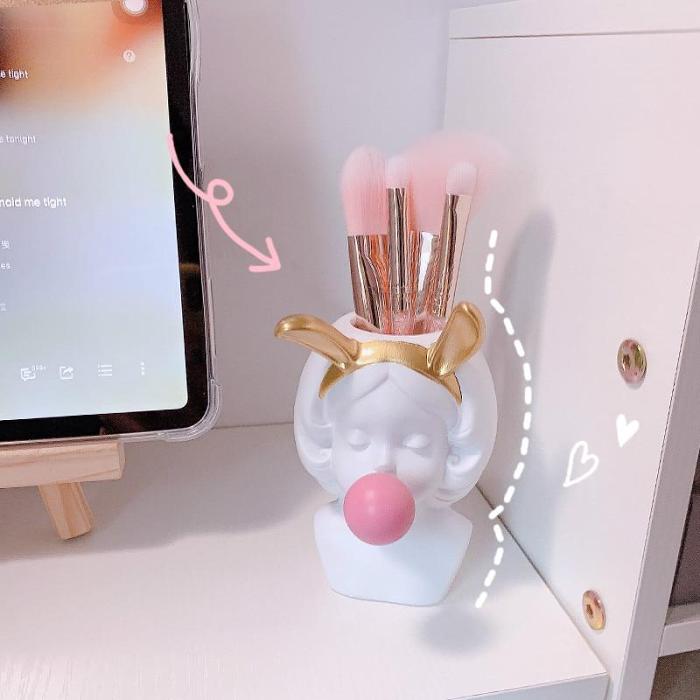 Nordic Style Cute Bubble Gum Rabbit Cat Girl Resin Vase