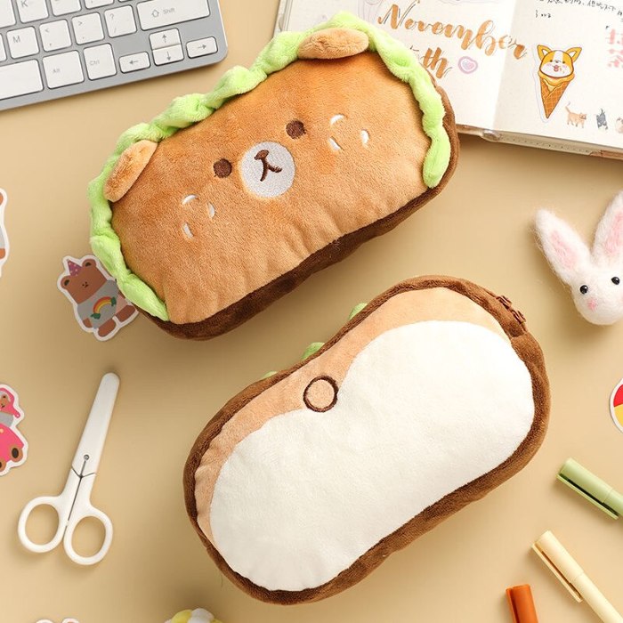 Kawaii Doll Plush Hamburger Bear & Dog Pencil Case Bag