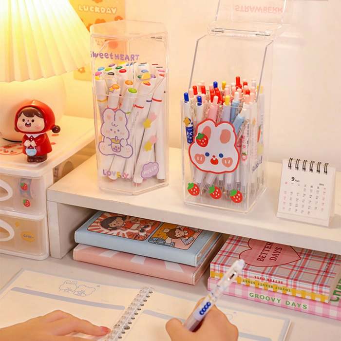 Cute Bunny Print Acrylic Transparent Pen & Makeup Brush Holder