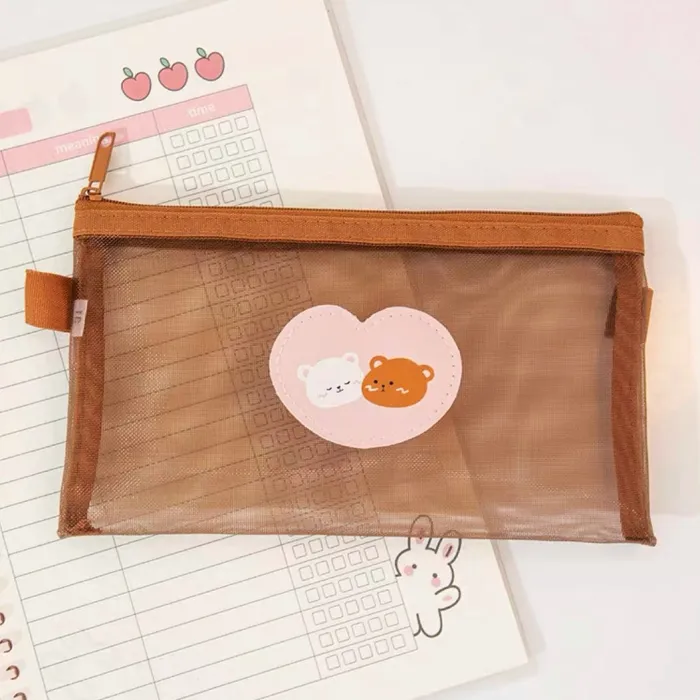 Cute Kawaii Teddy Bear Transparent Mesh Pencil Case