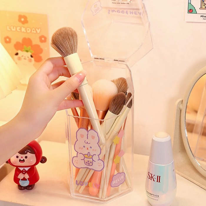 Cute Bunny Print Acrylic Transparent Pen & Makeup Brush Holder