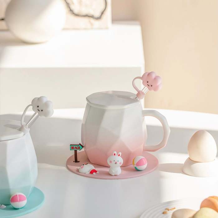 Cute Mini Animals Pastel Gradient Ceramic Office Mug with Lid