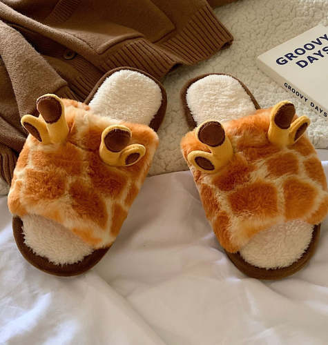 Cute Cozy Fluffy 3D Giraffe Shape Home Slippers