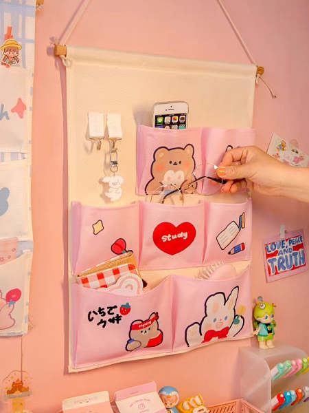 Cute Kawaii Bear & Bunny Friends Wall Hanging Pocket Storage Bag