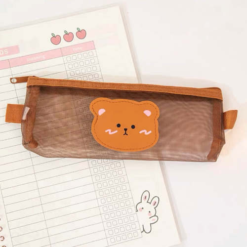 Cute Kawaii Teddy Bear Transparent Mesh Pencil Case