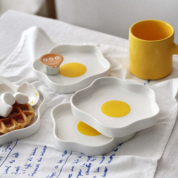 Cute Korean Style Sunshine Egg Shape Ceramic Plate