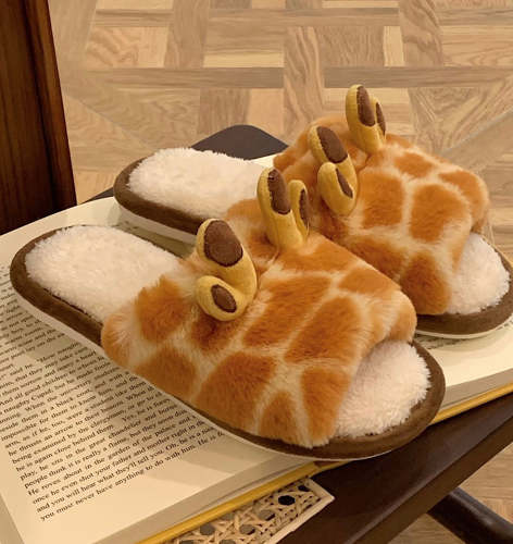 Cute Cozy Fluffy 3D Giraffe Shape Home Slippers