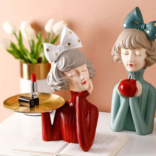 Cute Nordic Style Girl with Ribbon Home Decor Tray Figurine with Plate
