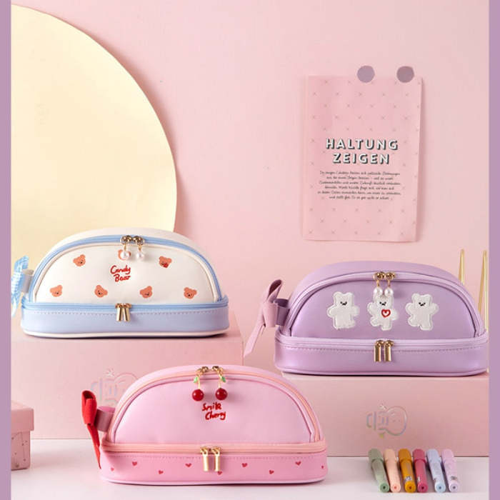 Kawaii Japanese Style Double Layer Heart & Strawberry & Bear Pencil Case
