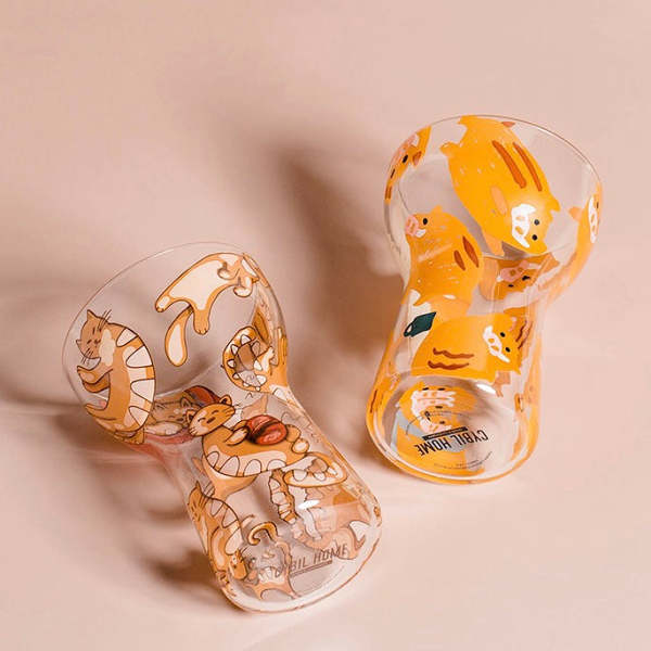 Cute Cat & Piggy Print Transparent Glass Cup