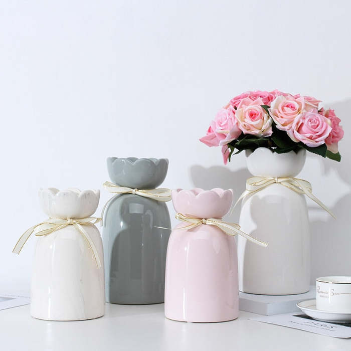 Cute Pastel Color Ribbon Bouquet Ceramic Vase Decor