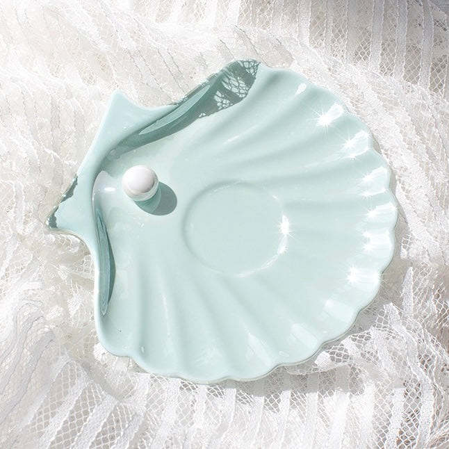 Cute Mermaid Style Pearl Shell Ceramic Tea Cup with Plate