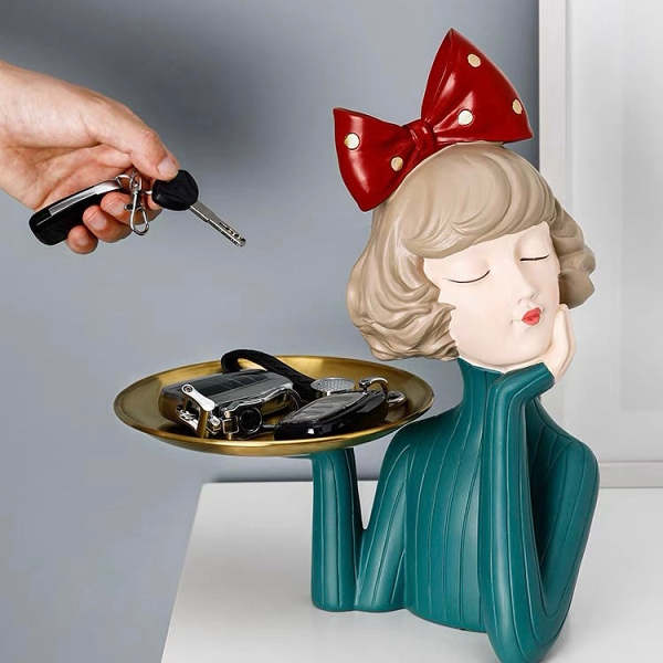 Cute Nordic Style Girl with Ribbon Home Decor Tray Figurine with Plate