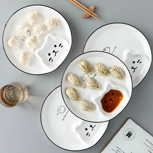 Cute Kawaii Japanese Style Cat Plate with Sauce Divider