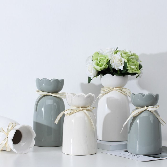 Cute Pastel Color Ribbon Bouquet Ceramic Vase Decor