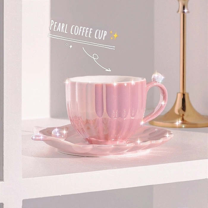 Cute Mermaid Style Pearl Shell Ceramic Tea Cup with Plate
