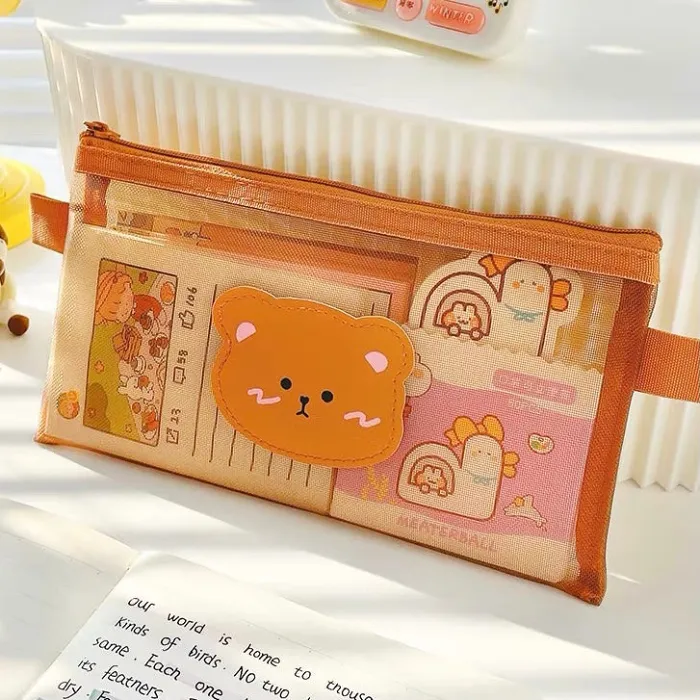 Cute Kawaii Teddy Bear Transparent Mesh Pencil Case