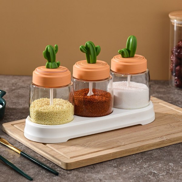Cute Cactus Kitchen Organiser Condiments Jar with Spoon Set