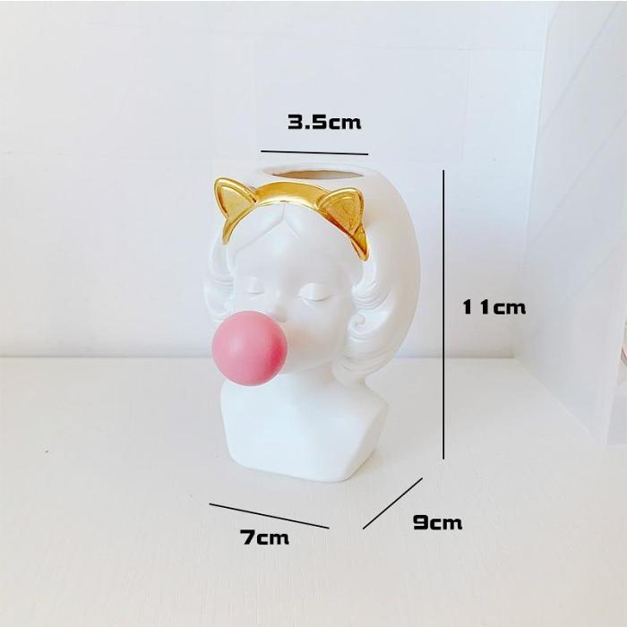 Nordic Style Cute Bubble Gum Rabbit Cat Girl Resin Vase