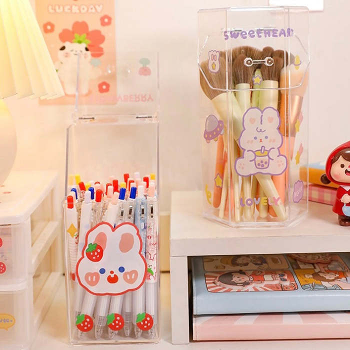 Cute Bunny Print Acrylic Transparent Pen & Makeup Brush Holder