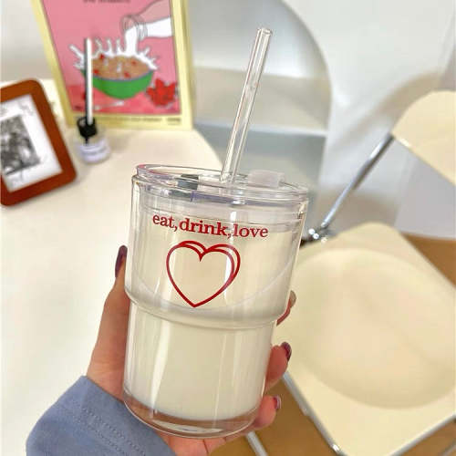Cute 'Eat, Drink, Love' Printed Korea Style Transparent Coffee Mug with Lid