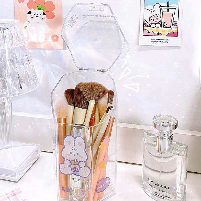 Cute Bunny Print Acrylic Transparent Pen & Makeup Brush Holder