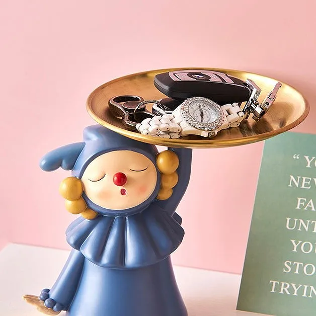 Cute Nordic Style Clown Girl Home Living Room Decor Figurine with Plate