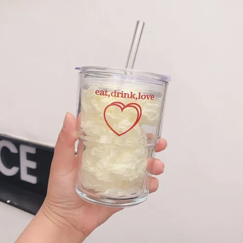 Cute 'Eat, Drink, Love' Printed Korea Style Transparent Coffee Mug with Lid