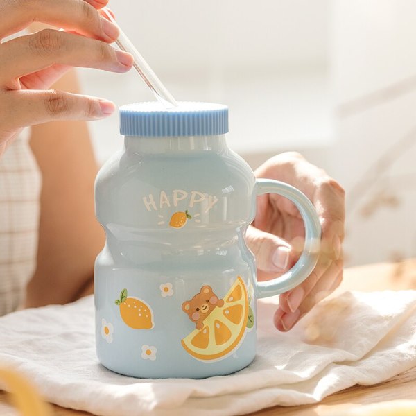 Cute Ceramic Yogurt Drink Mini Fruits Mug Cup with Straw
