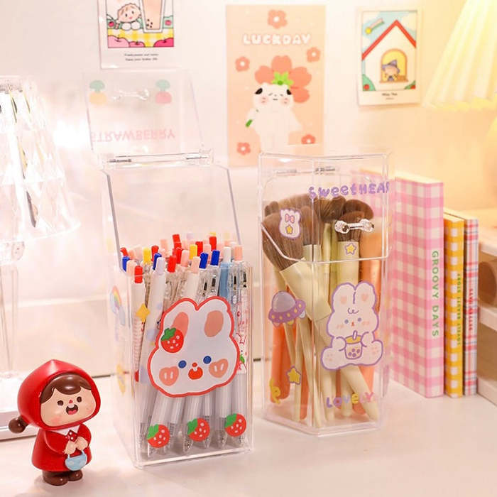 Cute Bunny Print Acrylic Transparent Pen & Makeup Brush Holder