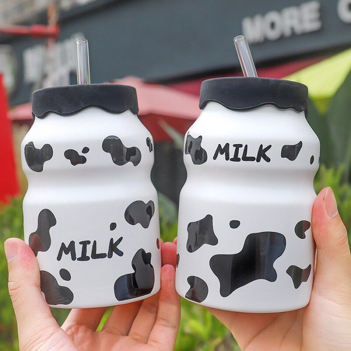Cute Korean Style Cow Pattern Ceramic Water Bottle with Straw