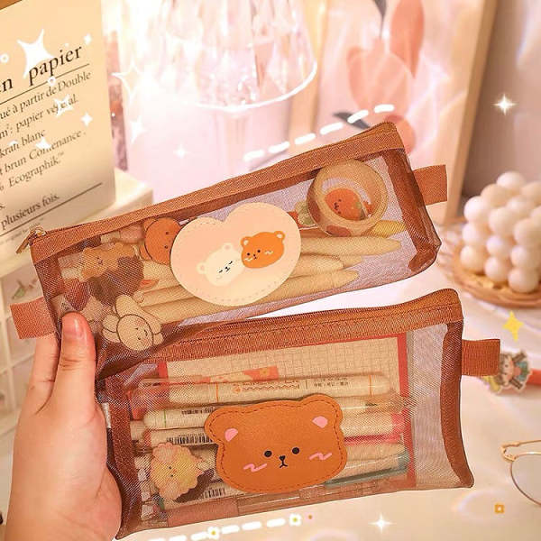 Cute Kawaii Teddy Bear Transparent Mesh Pencil Case