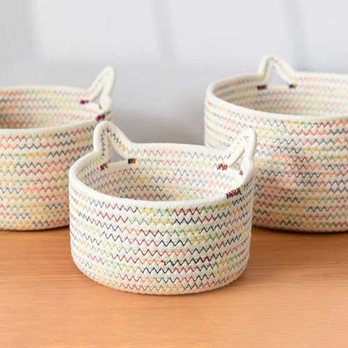 Cute Rainbow Woven Cat Ears Storage Basket Organizer