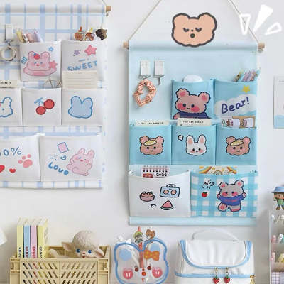 Cute Kawaii Bear & Bunny Friends Wall Hanging Pocket Storage Bag