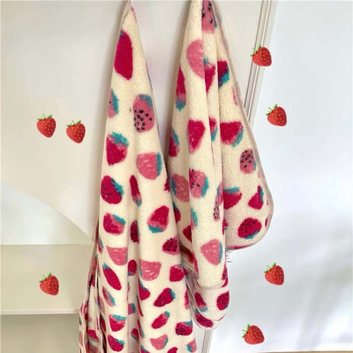 Cute Strawberry Pattern Soft Cozy Coral Fleece Towel & Blanket Set