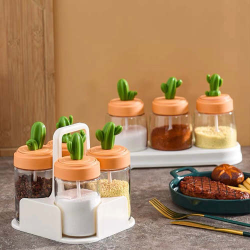 Cute Cactus Kitchen Organiser Condiments Jar with Spoon Set