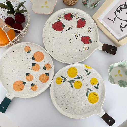 Cute Japanese Style Ceramic Fruity Flat Plate with Handle