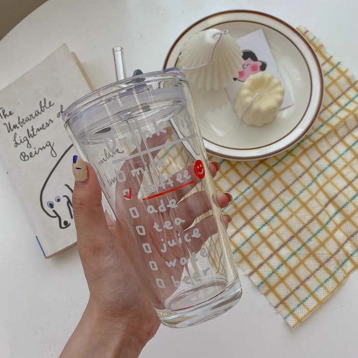 Cute Korean Style Coffee Letters Check List Transparent Glass Cup with Lid